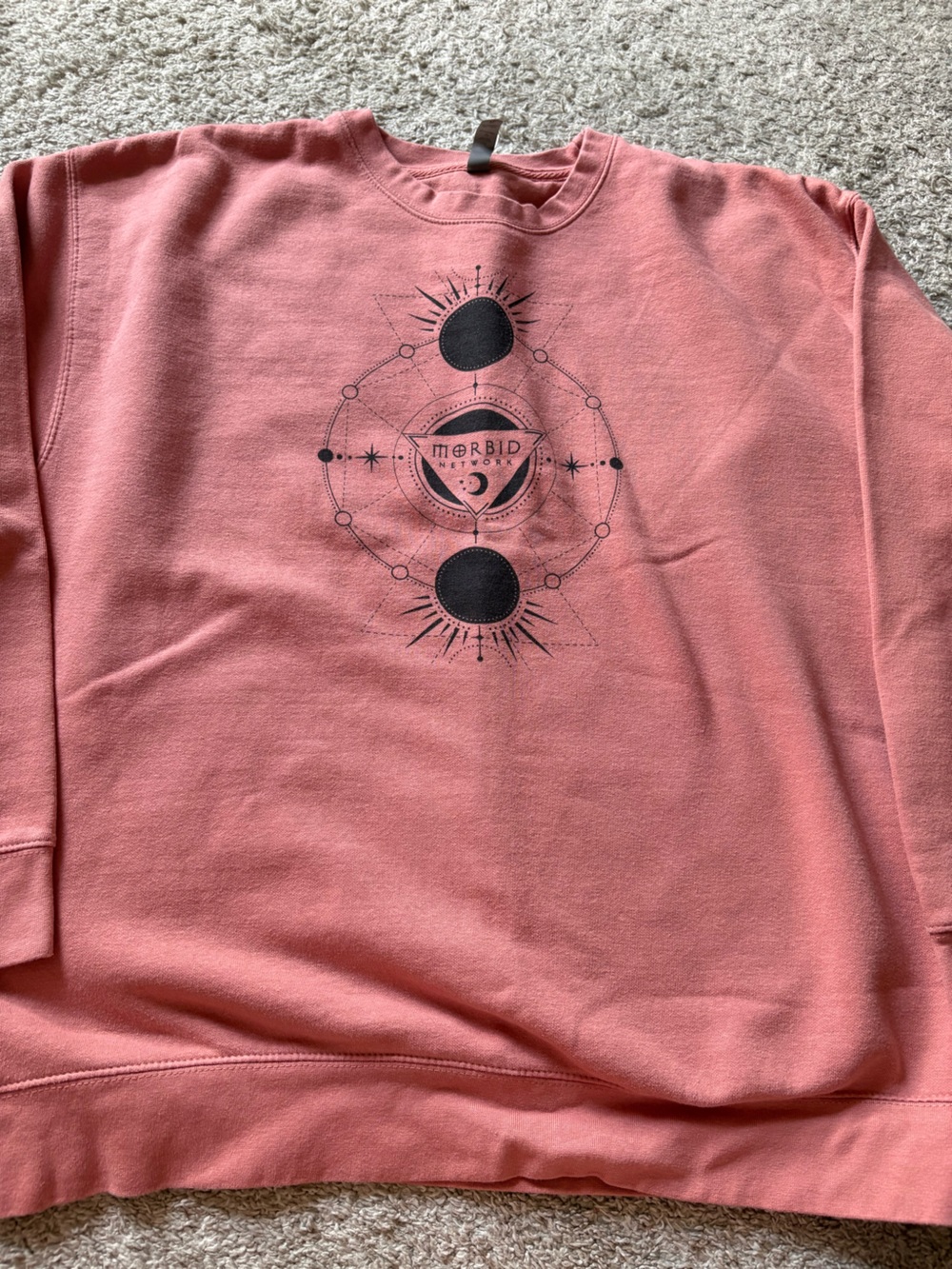 Morbid Podcast Graphic Crewneck Sweatshirt with Celestial Print